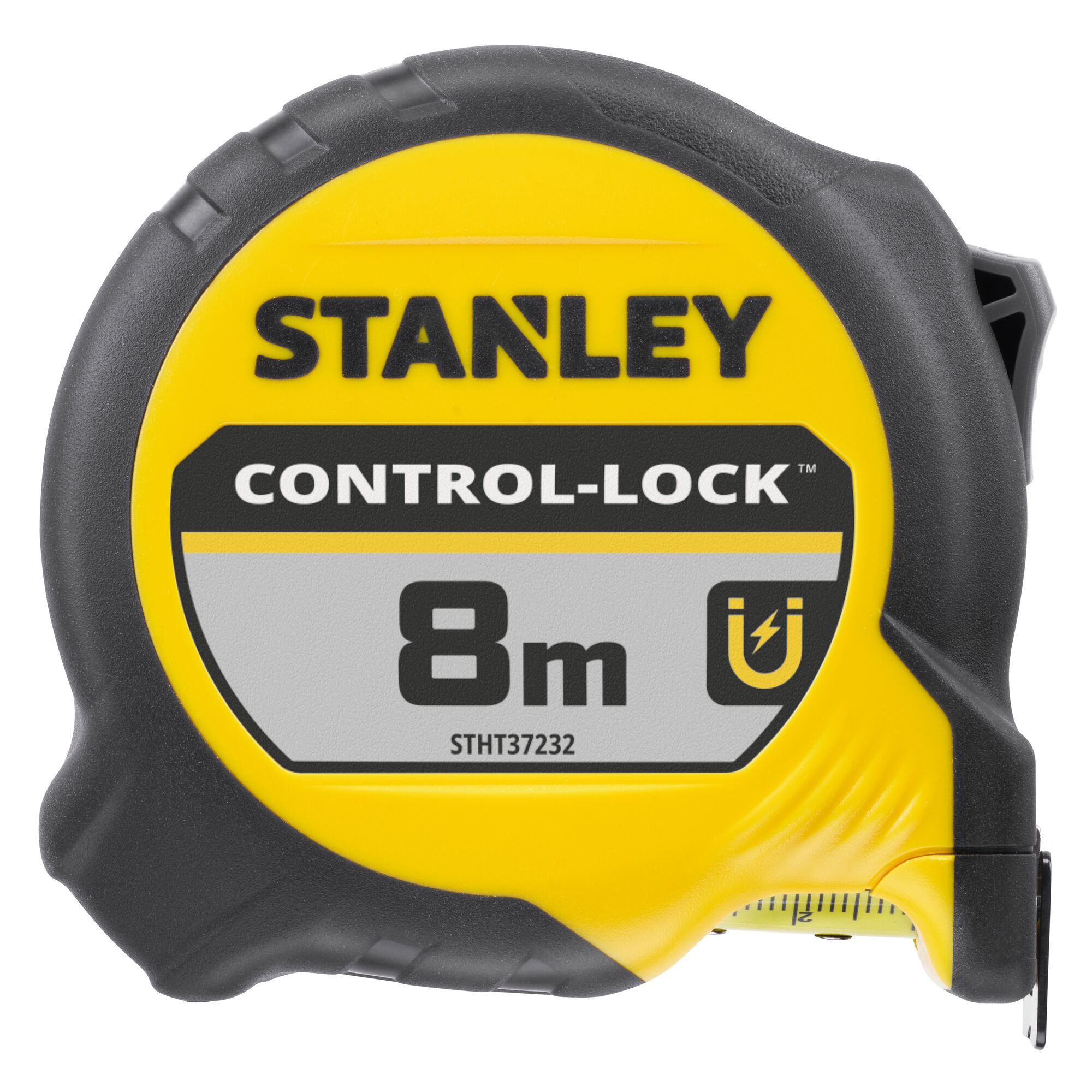 STANLEY STHT37232-0 mètre ruban, jaune et noir, 8m CONTROL-LOCK, angle avant, photographie.